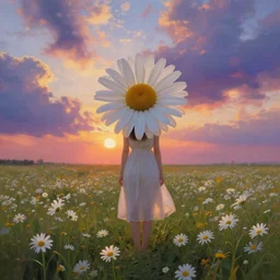 full body girl standing in a flower field, her head is hidden behind the huge daisy flower,. surreal photography, sunrise, dramatic light, impressionist painting, colorful clouds, digital painting, artstation, simon stalenhag