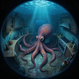 dark tenebroso, fisheye spiral, naive, extra narrow, detailed illustration of a kitchen, large floor, octopus shaped by rhads from lorax movie, trending artstation, dark blue underwater