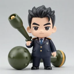 an anime nendoroid of kim jong un holding onto a nuclear mortar shell, detailed product photo