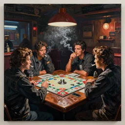 bikers in a bar playing monopoly under the dim light of a ceiling lamp, cigarette smoke, biker bar, painting, sharp, dimly lit, 9 0 s bar
