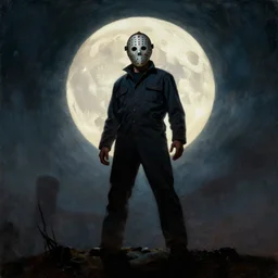 close portrait, jason voorhees standing on a hill, powerful pose, scary, horror, giant moon, dramatic sky, shadows on side, cinematic, side light, backlighting, oil painting by frazetta