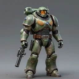 a space fantasy soldier in powered armor holding a weapon in the style of Ralph McQuarrie/Syd Mead/John Berkey detailed realistic