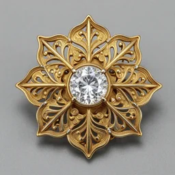 beautiful intricate ancient gold and silver brooch with a diamond in the center, filigree around it, alphonse mucha, artstation