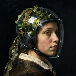 a woman's face in profile, wearing a glass helmet of floating seaweed, in the style of the dutch masters and gregory crewdson, dark and moody