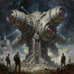 an epic and stunning hyperrealistic sci-fi oil painting, the great cosmic machine by Greg Rutkowski and Tyler Edlin and Simon Stalenhag and Jim Burns, atmospheric lighting, intricate details, epic scale, dynamic angle, dramatic composition