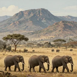 a herd of African elephants crossing the mountains, concept art, matte painting, highly detailed the the style of Frederic Church and Greg Rutkowski