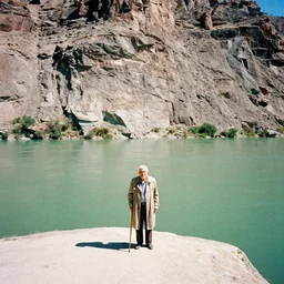 photo of green river, wyoming cliffs. an old man in a trench coat and a cane stands still very far away in the distance, facing at the camera. midday sun. hot and dry conditions. kodak ektachrome.