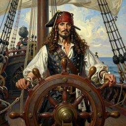 Realistic painting of a pirate king in an detailed costume standing at the helm of his pirate ship , high-detailed oil painting by Ilya Repin, William Blake, Michelangelo da Caravaggio, Alex Grey and Beksinski, masterpiece, 4k