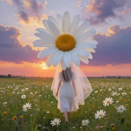 giant white daisy flower veil head, girl walking in a flower field, surreal photography, sunrise, dramatic light, impressionist painting, colorful clouds, digital painting, artstation, simon stalenhag