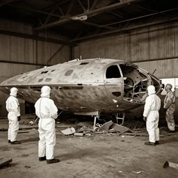 dismantled, crashed, ufo spaceship in hanger with people in hazmat suits standing around, grainy, vintage photo, sepia, old photo, realistic, detailed,
