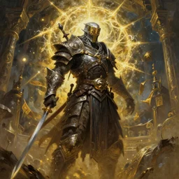 Elden Ring and Doom themed painting of insterstellar human hybrid warrior, fantasy matte painting, golden ratio, trending on cgsociety, cinematic, intricate, majestic, dark epic fantasy, trending on artstation, highly detailed, vibrant