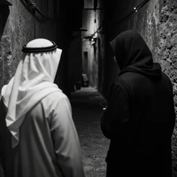 A thief watching a middle eastern merchant from a dark alley. One Thousand and One Nights, Dark Fantasy, Film Noir, Black and White. High Contrast, Mike Mignola, D&D, OSR