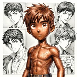 bronze - skinned handsome boy, cartoon character, pen and ink, intricate line drawings, by craig mullins, ruan jia, kentaro miura, greg rutkowski, loundraw