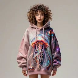 Vass Roland oversized hoodie cover art body art pose future bass girl unwrapped smooth body fabric unfolds statue bust curls of hair petite lush front and side view body photography model full body curly jellyfish lips art contrast vibrant futuristic fabric skin jellyfish material metal veins style of Jonathan Zawada, Thisset colours simple background objective