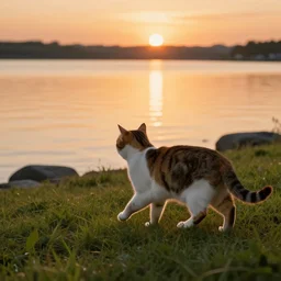 a singular cat walking on the grass looking to a lake and some little rocks at sunset, cute, godrays, complementary colors, calm, relaxing, beautiful landscape, highly detailed, high quality, 4k HDR, natural lighting, close view, path tracing, orange palette, anatomically correct, hyperrealistic