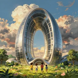 a moshe safdie building with kids in front in a studio ghibli landscape