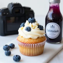 dslr food photograp of a blueberry cupcake white creme topping and a bottle of blueberry sauce on the side, narrow shot, 8 5 mm f 1. 8