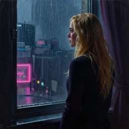 silhouette of a Elle Fanning gazing out her hotel window at the rain, extremely detailed masterpiece, oil on canvas, in the world of Blade Runner 2049, low-key neon lighting, artstation, by J. C. Leyendecker and Peter Paul Rubens,