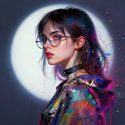 an emo girl wearing circular glasses, beautiful eyes, wearing a choker, side portrait, defiant, passionate, spotlight, paint drips, glitching paint splatter, vibrant colors, dramatic, brush strokes, collage, textiles, futuristic clothing, digital painting, by marco paludet, by jeremy mann, by hannah hoch