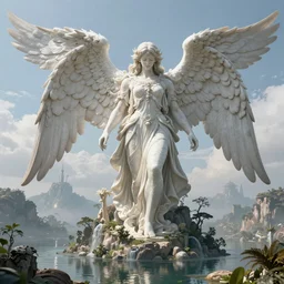 humongous angel on a humongous paradise biome, fantasy, hyper realism, wet reflections, intricate, digital art, detailed, studio shot, unreal engine 5, octane, high definition, smooth, artstation, behance