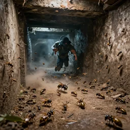 a mine being chased by angry swarm of hornets