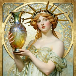 Beautiful and playful lady liberty portrait, art nouveau, fantasy, holding a vase by Rene Lalique , elegant, highly detailed, sharp focus, art by Artgerm and Greg Rutkowski and WLOP