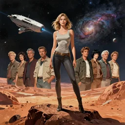 5 0 s pulp scifi fantasy illustration full body portrait slim woman on rocky mars, background of spaceship space nebula, by norman rockwell, roberto ferri, daniel gerhartz, edd cartier, jack kirby, howard v brown, ruan jia, tom lovell, frank r paul, jacob collins, dean cornwell, astounding stories, amazing, fantasy, other worlds