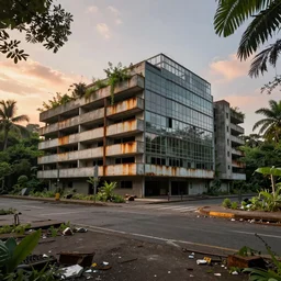 a street view of an extremely detailed arts center of brutalist architecture by Le Corbusier, abandoned, empty streetscapes, surrounded by lush green jungle, ground-level view, natural volumetric lighting, sunset, rusted steel, solid concrete, glass, stunning skies, scattered rubbish and debris, 8k, photorealistic, hyper detailed, unreal engine 5, IMAX quality, cinematic quality, beautifully illustrated, sharp focus, minimal artifacts, from DOOM, by Greg Rutkowski, trending on Artstation