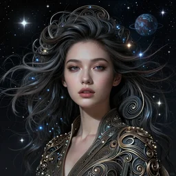 one beautiful young woman's face, magical, space stars and planets in her hair, windblown, intricate, synth-wave, retrowave,  highly-detailed, elegant, dramatic lighting, gorgeous face, lifelike, photorealistic face, long luxurious intricate gown, digital painting, artstation,  illustration, concept art, smooth, sharp focus, art by John Collier, artgerm, and Albert Aublet and Krenz Cushart and Artem Demura and Alphonse Mucha