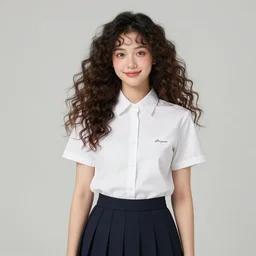 hair blush buttons collared _ shirt curly _ hair floating _ clothes green _ eyes light _ smile long _ hair looking _ at _ viewer pleated _ skirt shirt short _ sleeves signature simple _ background skirt solo