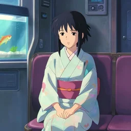 beautiful young Himalayan woman, sitting in personal quarters of spaceship with furniture, sad, fish tank, somber, iridescent sci-fi kimono, by Makoto Shinkai and Wojtek Fus, by studio trigger, rossdraws, ambient occlusion, clean lineart and color, vibrant