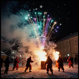 kodak portra 4 0 0, winter, snowflakes, rainbow coloured rockets chaos glitter tornados, award winning dynamic photo of a bunch of hazardous krampus between exploding fire barrels by robert capas, motion blur, in a narrow lane in salzburg at night with colourful pyro fireworks and torches, teal lights