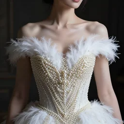 a lady with a decorated dress made of white pearls and white plumes of swan highly detailed digital _ painting, cinematic, dramatic lighting