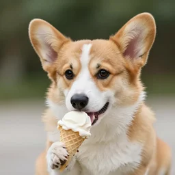 a cute corgi puppy eating icecream, Sigma 85mm f/1.4