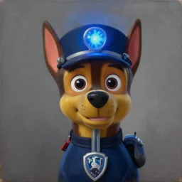 cinematic bust portrait of psychedelic police dog with police blue light on head, blue light and siren, police dog, head and chest only, desaturated, tim hildebrandt, wayne barlowe, bruce pennington, donato giancola, larry elmore, oil on canvas, masterpiece, featured on pixiv, cinematic composition, dramatic pose
