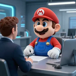 Photo of cyborg Mario at a job interview. 4k. Detailed. Realistic. Dystopian corporation.