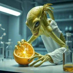 aggressive looking lemon alien, in a lab doing alien experiments on a lemon, fantasy, science fiction, highly detailed, white lab, modern alien lab mist