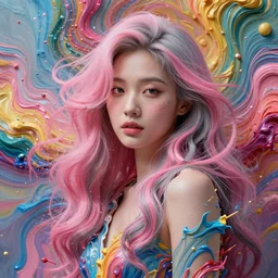 a portrait of a very beautiful young asian goddess with pink and grey hair radiating an artwork made of swirling paint and impasto by james jean and wlop, background is multicoloured volumetric displacement, hyperrealism, subsurface scattering, arnold render, noise to volume, 8 k, houdini, xparticles