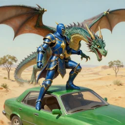 blue knight with gold accents. on top of green car fighting dragon, desert with small trees and shrubs, painting, detailed, realistic, complimentary colors, light, by richard doyle, by robert hagan, by tim hildebrandt, artstation, cinematic, dramatic lighting, close up, wide angle, intricate design