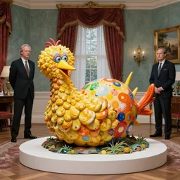 beautiful studio photograph of a surrealist assemblage of big bird laying an enormous technicolor egg in the presidential suite, made of watercolor - painted plaster on a pedestal by ron mueck and matthew barney and rene magritte, hysterical realism intense cinematic lighting shocking detail 8 k