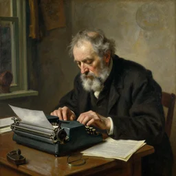 a disheveled old disbarred lawyer boarded up in his house, isolated alone on a typewriter typing out paranoid rants, detailed artstation marc simonetti andrei riabovitchev rembrandt oil on canvas shimmer