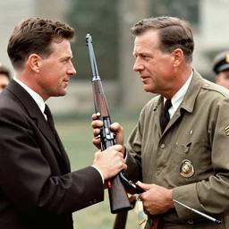 historical photo of jfk handing bernie sanders a rifle