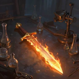 scientific and magical research photo of a flaming sword on an inspectors table digital painting trending on artstation octane render