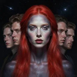 stunning goddess of space portrait, pale redheaded, dark skin. dramatic light. realistic, unsymmetrical face. art by bowater charlie, mark brooks, julie bell, arian mark, tony sandoval