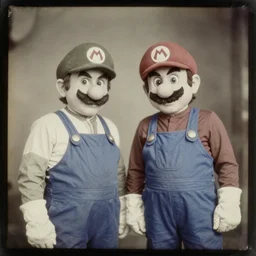 a daguerrotype photo of super mario brothers cosplayer, very early film stock, 1 8 0 0 s, vintage
