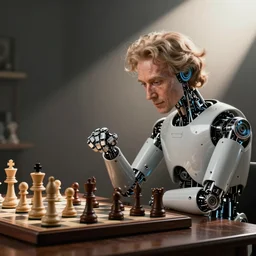 ludwig wittgenstein and a robot, playing chess, dramatic angle