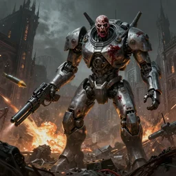 bloody - zombie - flesh - battlemech, in a cyberpunk gothic city hyper realistic sci - fi matte concept art painting of dramatic cinematic scene, guns, missiles, explosions, beautiful details, strong composition painted by kim jung guweta studio rutkowski, james gurney and greg rutkowski, and lucasfilm, smooth, intricate, detailed, sharp focus, cinematic