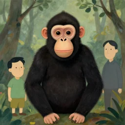 a portrait of a minimalist primate in the style of henri rousseau and richard scarry and hiroshi yoshida, cinematic, movie character