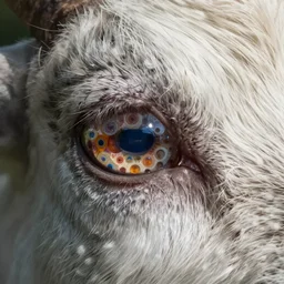 closeup of a saturated goat eye with many pupils by ed emshwiller
