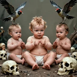 7 0 s film still from a horror movie about babies and birds and skulls, kodachrome, cinecolor, cinestill, film grain, film texture, retro, cinematic, high resolution, photorealism,